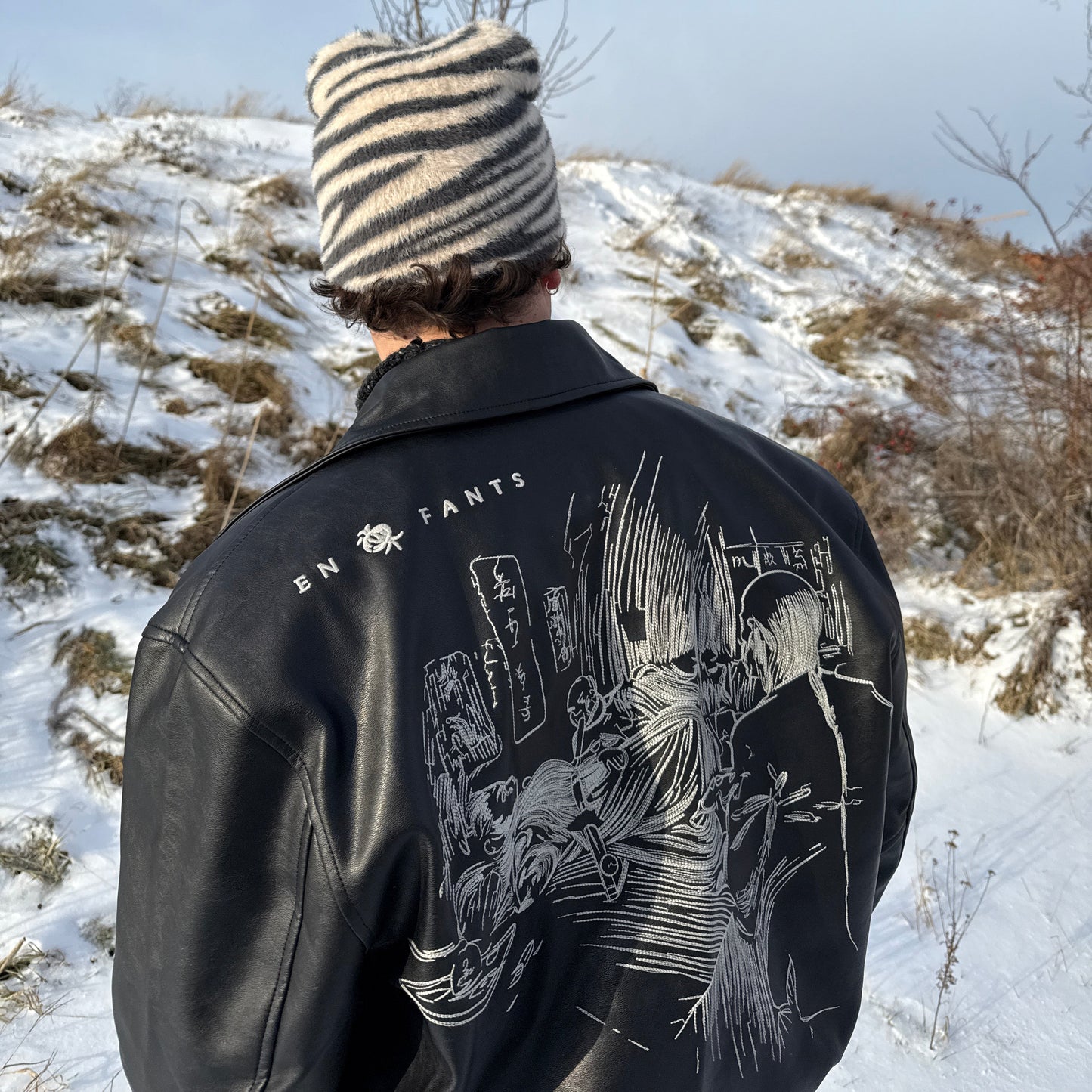 Close-up of a soft zebra knit hat for cold days