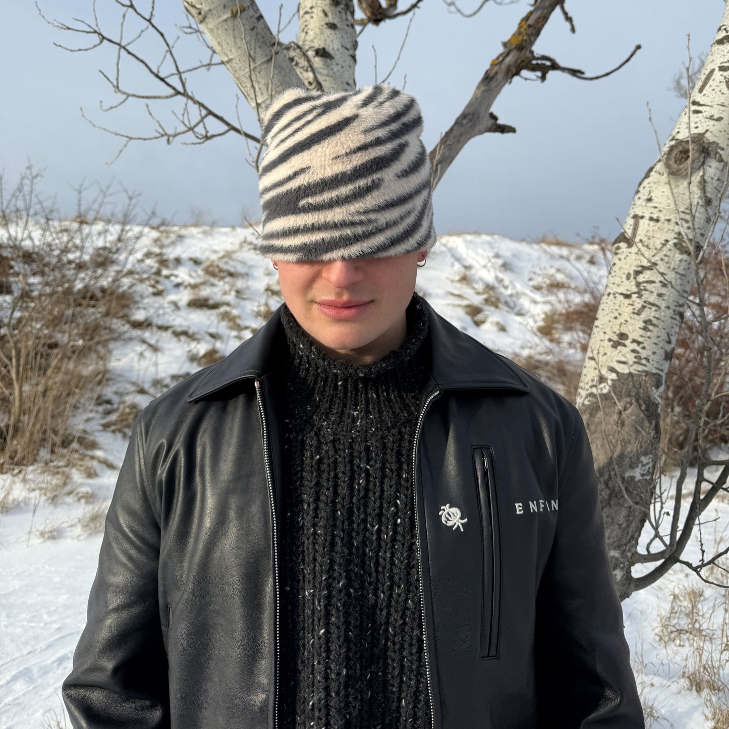 
                  
                    Person wearing a zebra pattern fuzzy beanie in the snow
                  
                