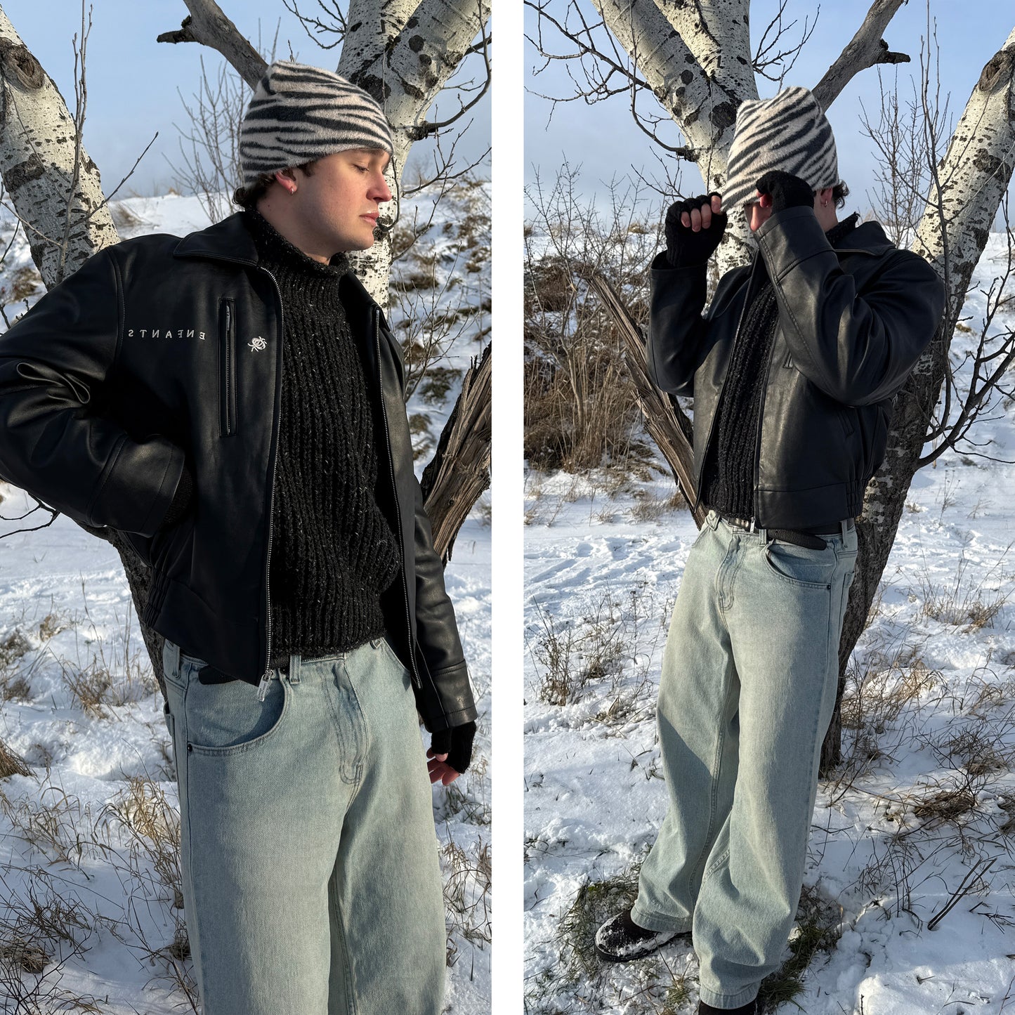 
                  
                    Lifestyle shot of a mohair-style zebra beanie outdoors
                  
                