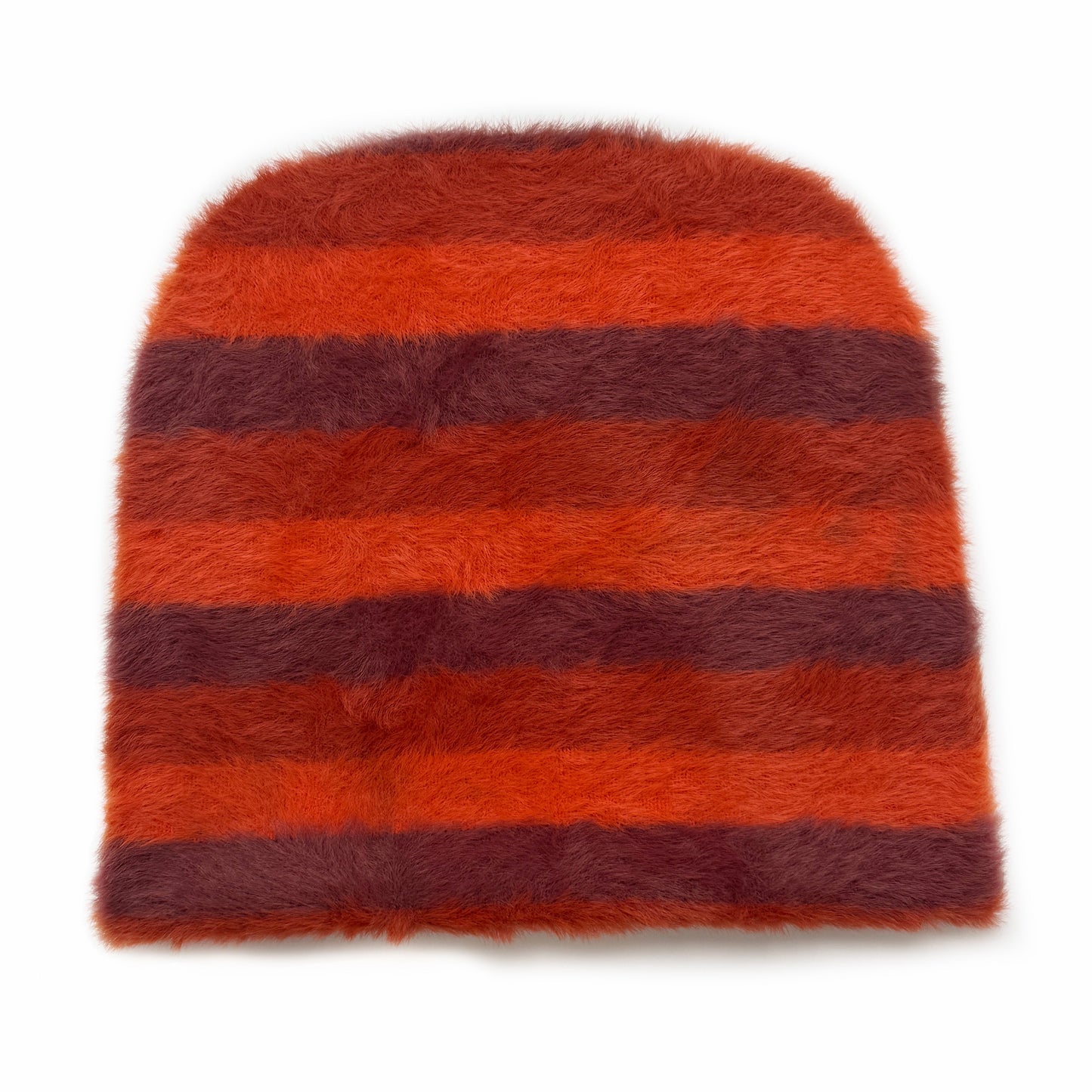 Red and burgundy striped fuzzy beanie with a shaggy texture on a white background.