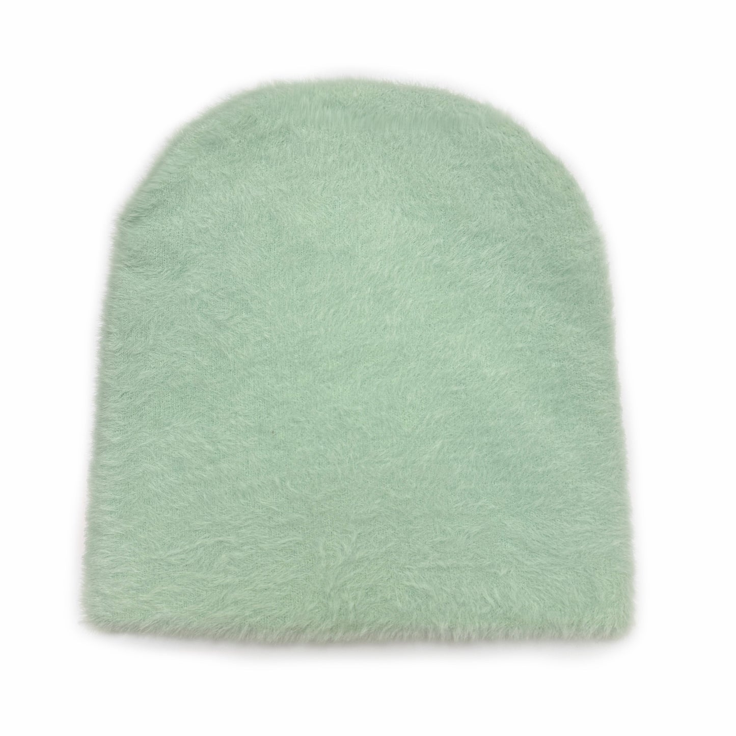 Front view of a plush pastel mint green faux fur beanie hat on a white background.