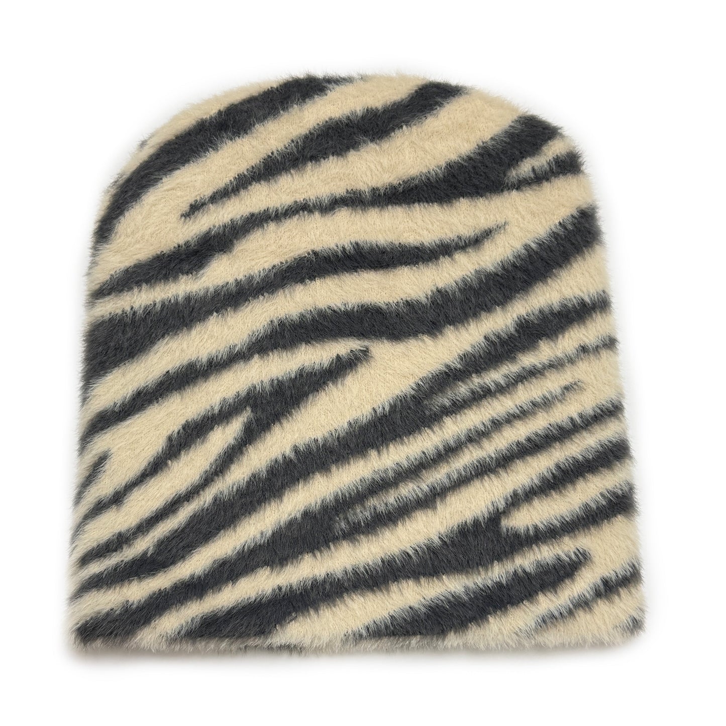 Zebra print fuzzy mohair-style beanie for cold days